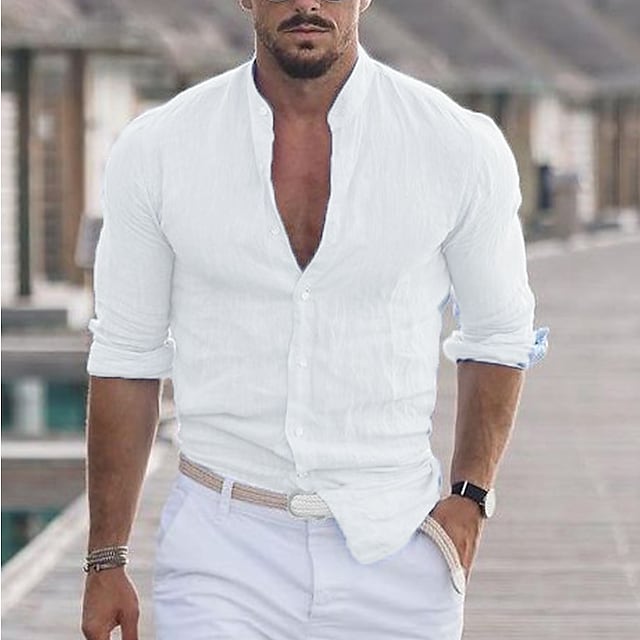 Men's Linen Solid Color Casual Stand Collar Long Sleeve Shirt
